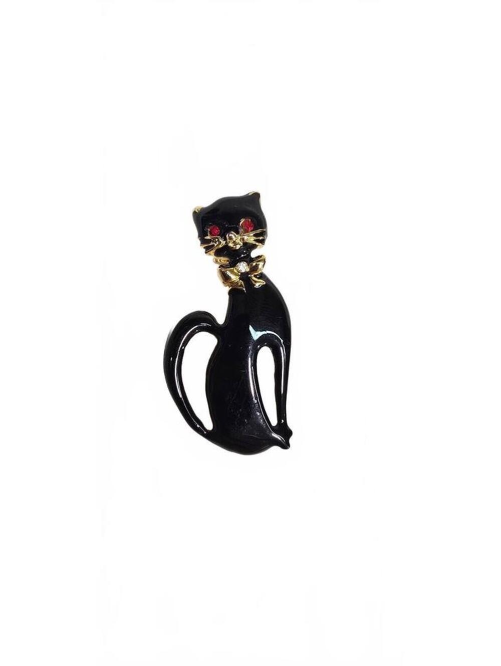 Vintage Black Cat Brooch with Red Eyes and Gold Tone Accents - Picture 4 of 5